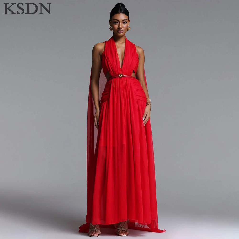 Anniversary Halter Red Evening Dresses For Elegant Women Luxury Chiffon Sleeveless Floor Length Prom Dress Vestidos