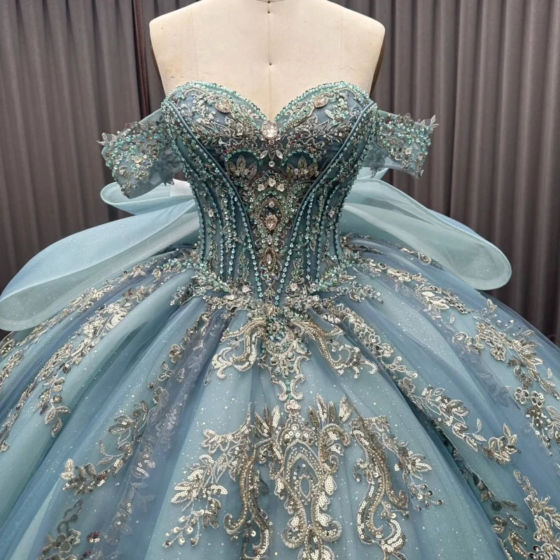 Customized Grayish blue Quinceanera Dresses Off the Shoulder sequin applique crystal Long tail Bow Vestido 15 Quinceanera