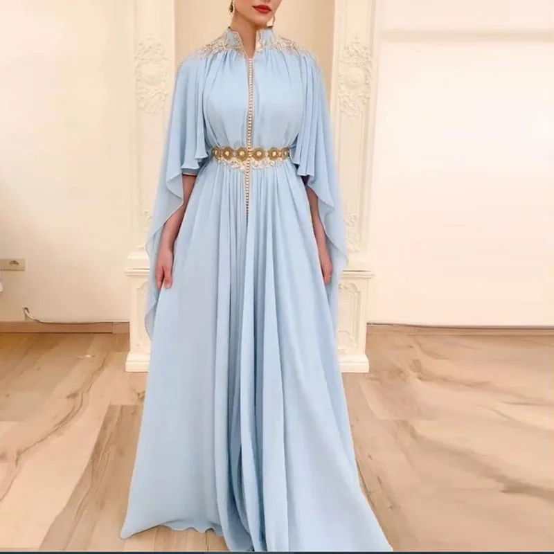 Customized Blue Shawl Evening Dresses High Neck A Line Formal Gown with Embroidery Long Chiffon Kanfan Arabic Dress
