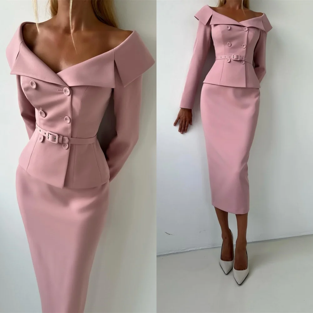 Customized Formal Jersey Evening Dress Exquisite Off the Shoulder Long Sleeves Celebrity Gowns Belt Special Occasion Gowns