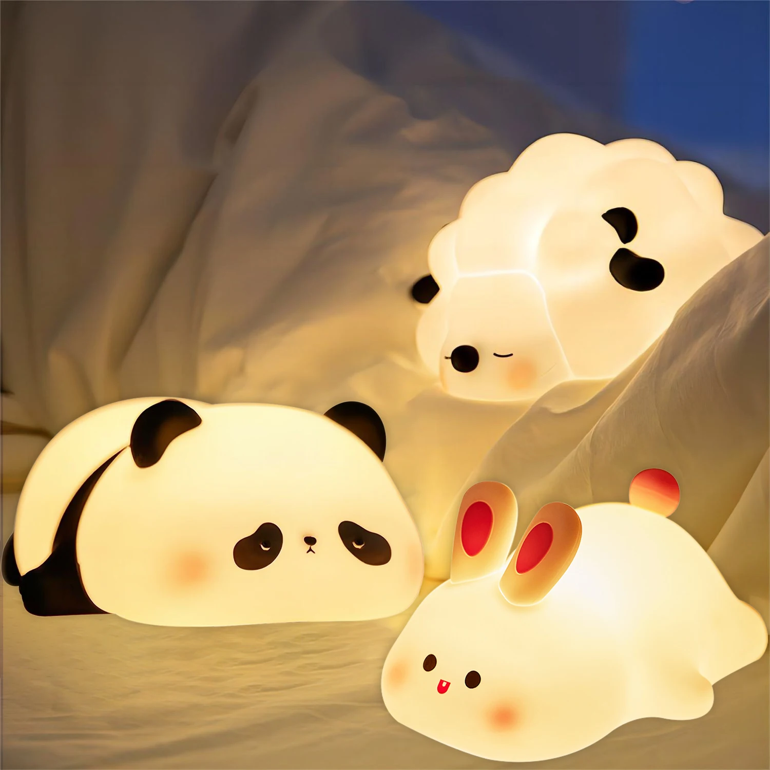 LED-Nachtlichter Niedliche Schaf-Panda-Kaninchen-Silikonlampe USB-Aufladbar mit Timer Nachttisch-Deko Kinder Baby Nachtlicht Geburtstagsgeschenk