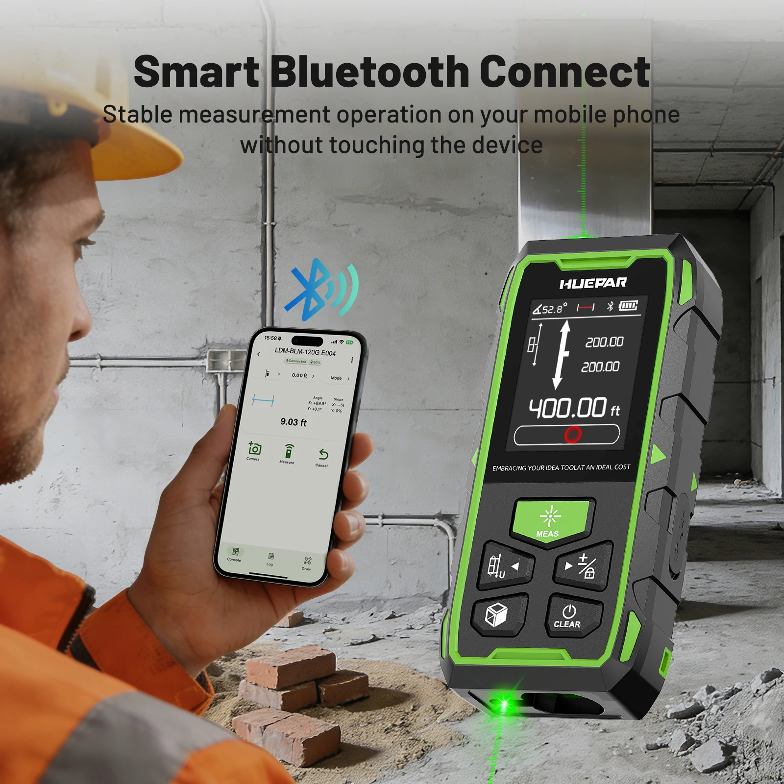Huepar Grüner Laser-Entfernungsmesser 120M/200M Messwerkzeug mit Bluetooth, Fernbedienungs-App, Hochpräziser Laser-Entfernungsmesser BLM-60G-BT