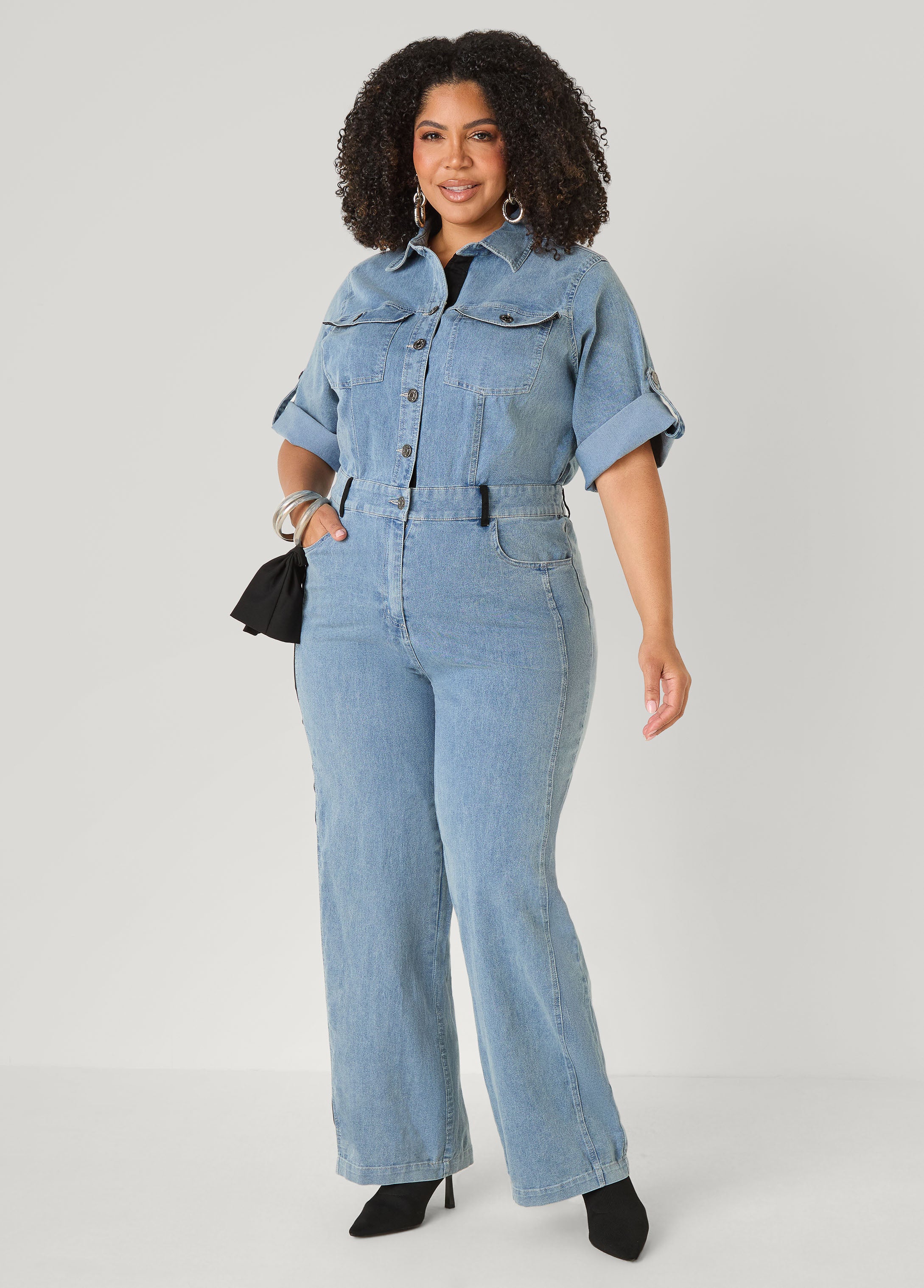 Plus Size Tall Bow Embellished Denim Jumpsuit