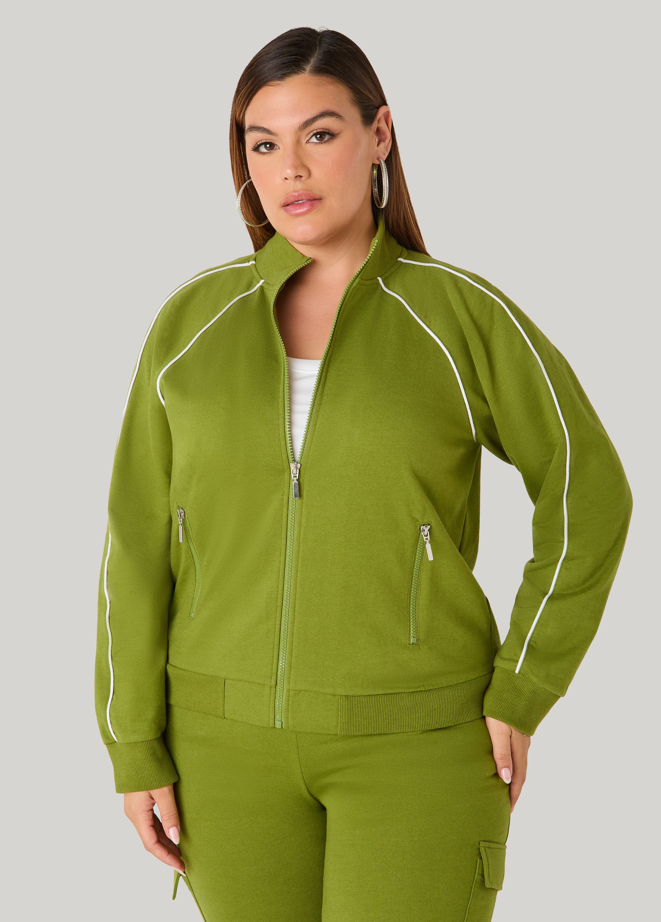 Plus Size Piped French Terry Track Jacket