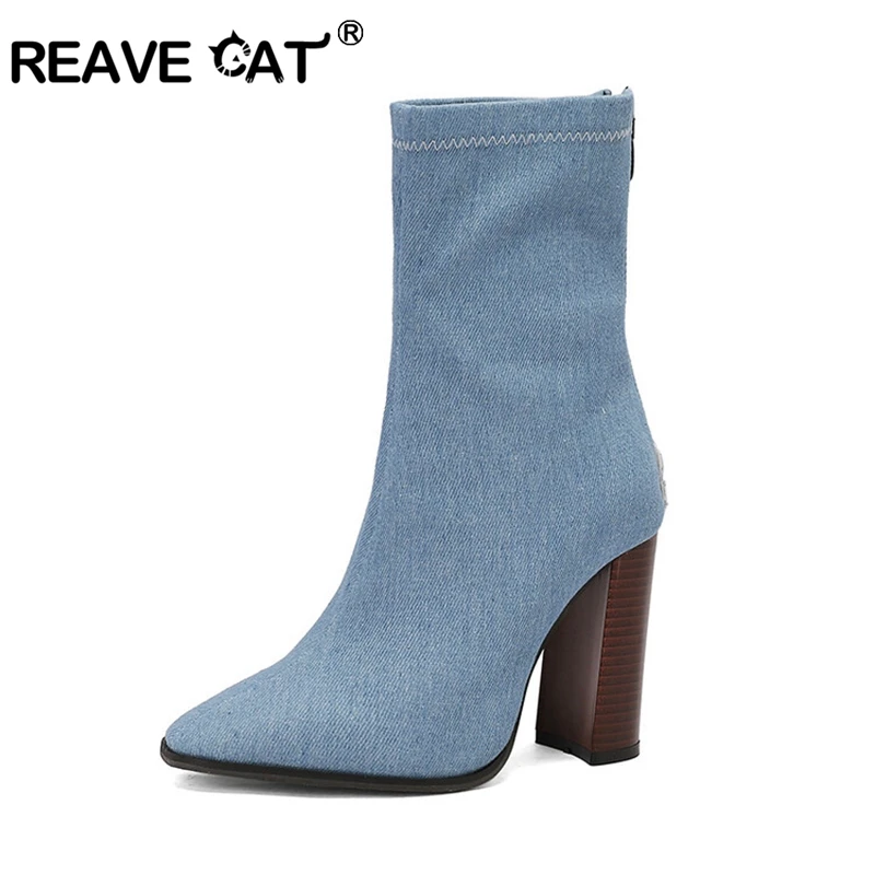REAVE CAT Damen Mode Spitze Stiefeletten 10cm Blockabsatz Leder Große Größen US17 45 48 50 Rot Leopard Blau Party