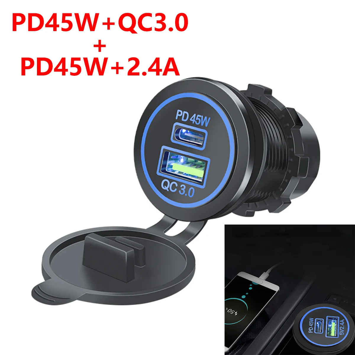 Dual USB 12V-24V Auto Ladegerät Buchse PD45W + QC3.0 PD45W + 2,4A Schnell Lade Power Adapter für Auto Motorrad Boot