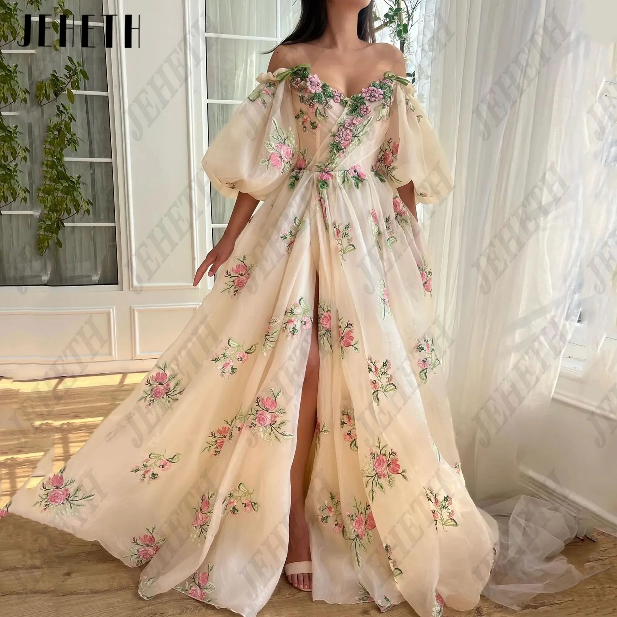 Guitar Hcondamnd-Robe de soirée longue à fleurs, manches bouffantes, fente latérale, ligne A, tulle, robes pour occasions formelles, sur mesureJeheth fleur longue robe de bal fleur manches moelleuses robe de soirée sid