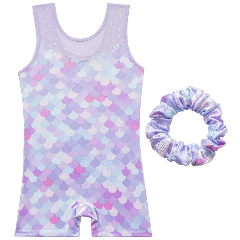 Justaucorps de gymnastique pour enfants, motif écailles de poisson, sans manches, tenue d'entraînement de danse