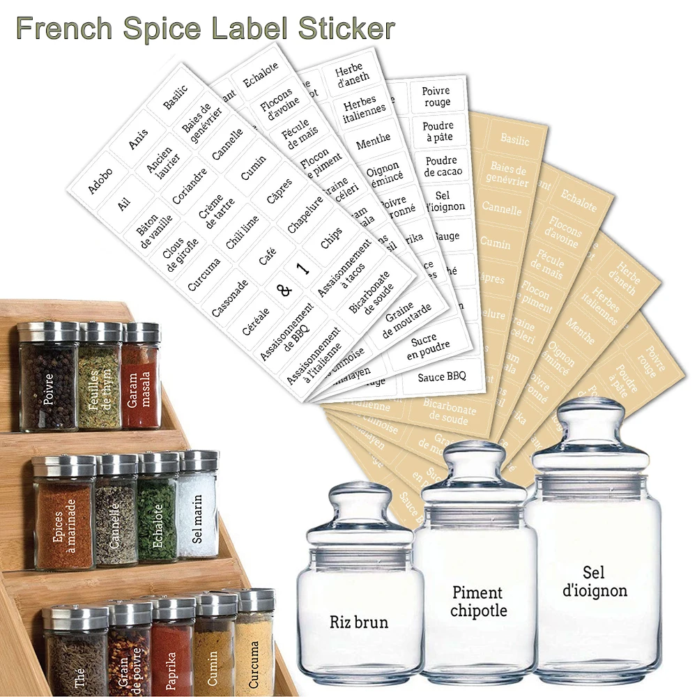 Étiquettes de stockage de pots à épices,etiquette cuisine, autocollants noirs imperméables et résistants à l'huile pour salle de cuisine etiquette pour bocaux francais cuisine etiquette epice etiquettes cuisine