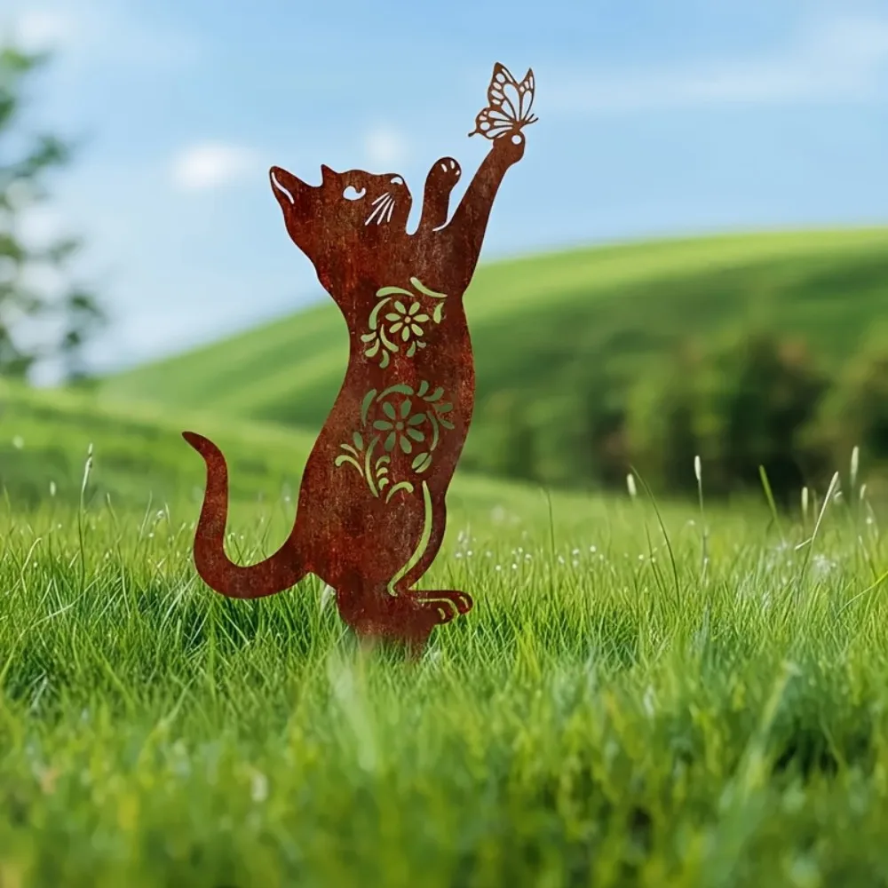 Silhouette de chat en fer rouillé vintage pour jardin - Ornement décoratif de jardin en forme de papillon pour les amateurs de jardinage