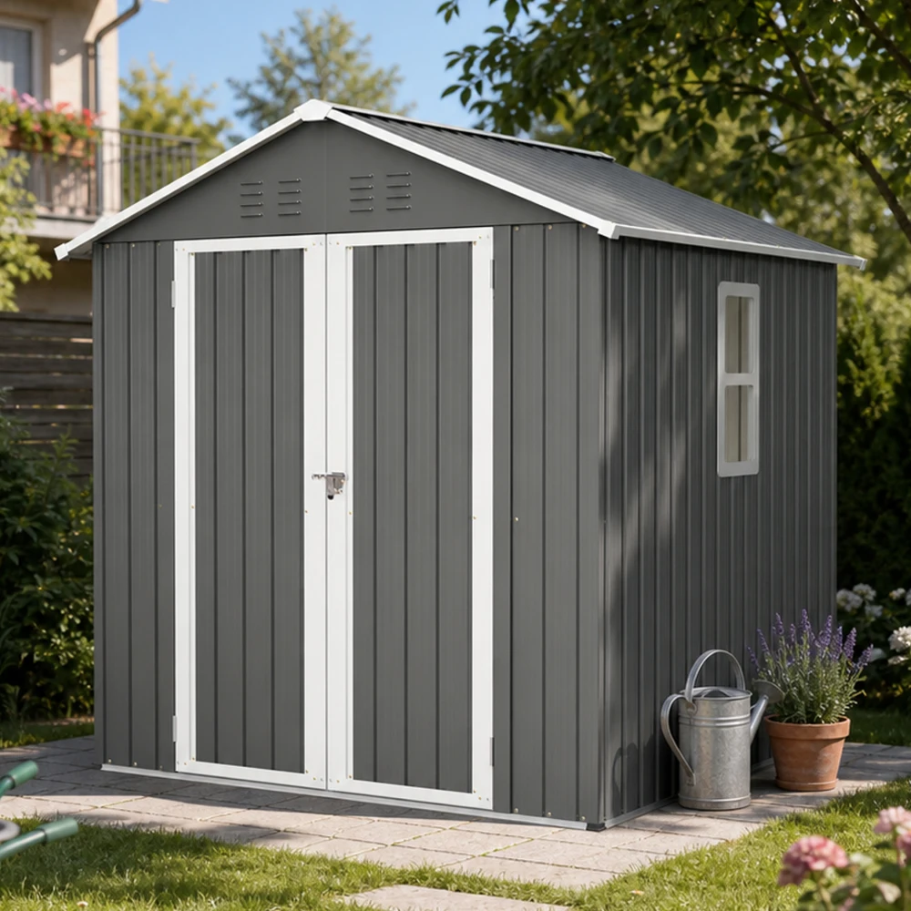 Abri de jardin métallique 6x6 pieds, abri à outils de jardin à toit en pente avec fenêtres et aérations, armoire de rangement extérieure étanche et résistante à la neige, équipé d'un cadenas, de gants et d'ancres, structure extérieure pour jardin,...