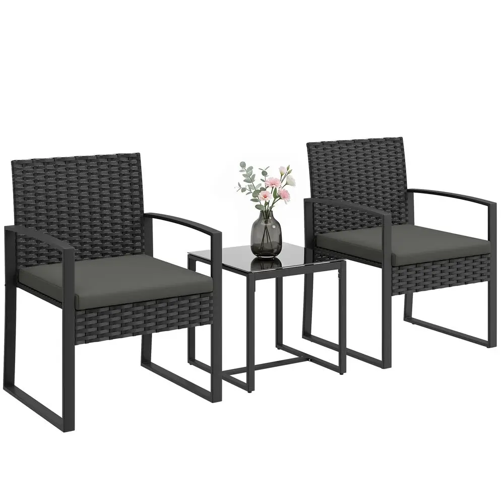 Ensemble de meubles de jardin en rotin pour 2 personnes, table de jardin extérieure avec 2 chaises, plateau en verre trempé et coussins, mobilier de jardin