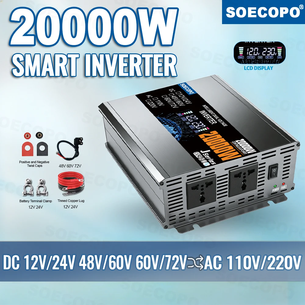 Onduleur intelligent 20000W avec double entrée de tension - Onduleur solaire et secteur DC vers AC 110/220V pour camping, onduleur 12V pour maison 110V
