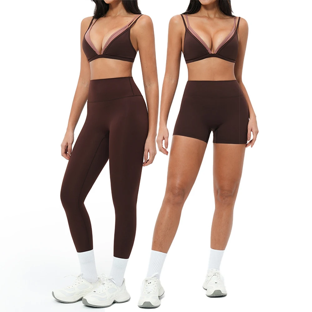Ensemble de sport 2 pièces pour femme, couleur contrastée, tenue de yoga, vêtements d'entraînement, soutien-gorge de sport, ensemble de gym, tenue de fitness push-up, vêtements de sport
