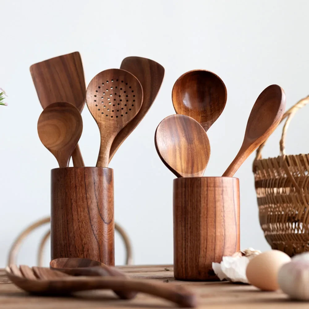 6/7/8 pièces ensemble d'ustensiles de cuisine ustensiles de cuisine antiadhésifs pour la cuisine manche en bois cuillère à soupe spatule cuillère à riz pelle ensembles de cuisine