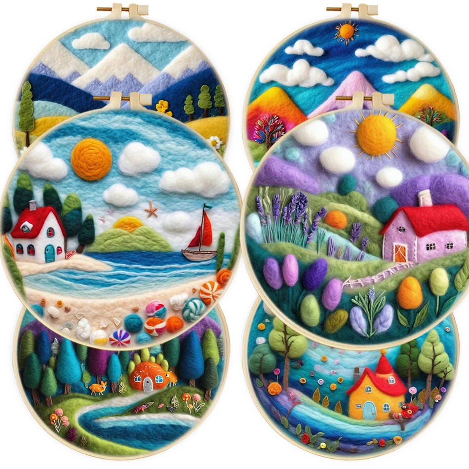 20x20cm cadre bricolage laine peinture Kits paysage bricolage laine aiguille feutre peinture Kit de bricolage artisanat photo artisanat pour maman cadeau
