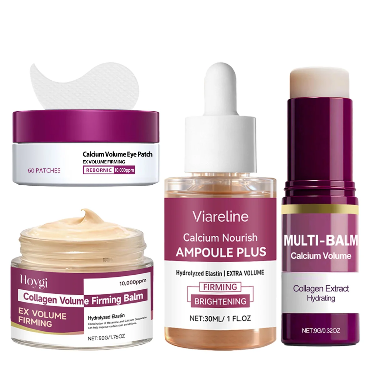 Coffret Soin Visage au Calcium - Sérum Raffermissant Antioxydant, Crème Atténuant les Rides, Patchs Éclaircissants pour les Yeux, Baume Multi-Usages, Soin Visage Boostant le Collagène
