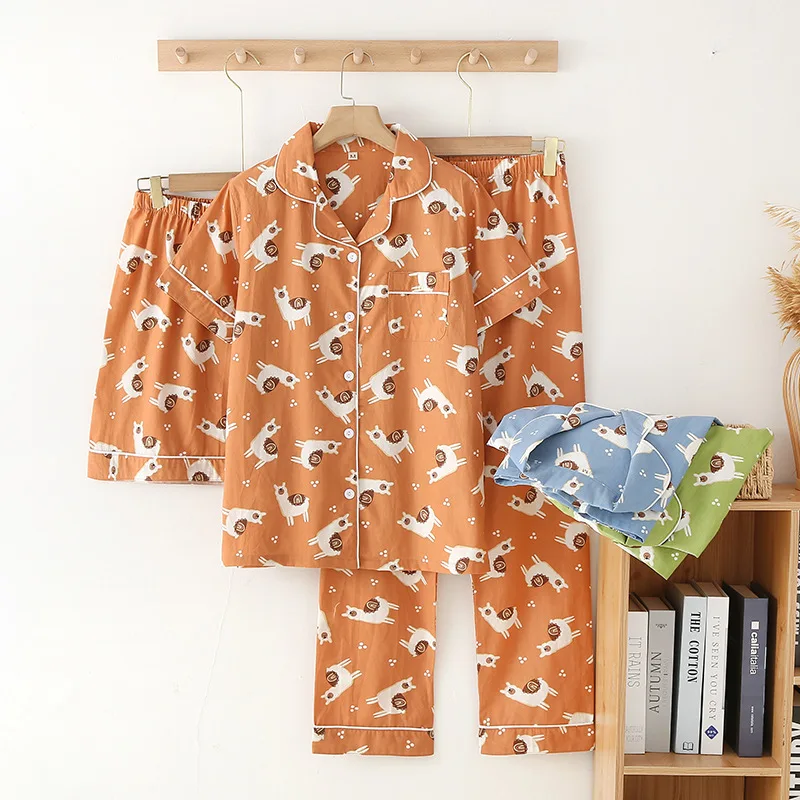 Pyjama d'été trois pièces en coton pour femme, haut à manches courtes, short, pyjama fjadt, alpaga mignon, service à domicile trempé