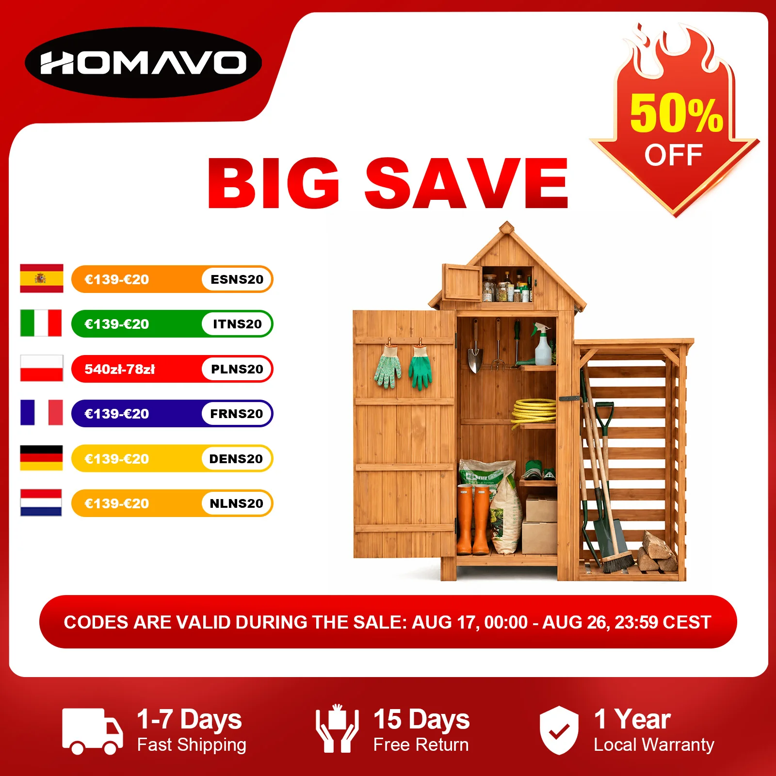 HOMAVO Abri de Jardin en Bois avec Range Bûche, Toit en Appentis Protégé UV, 131 × 54.3 × 179 cm, Cabane de Jardin Pour Jardin, Terrasse, Arrière-Cour, Pelouse