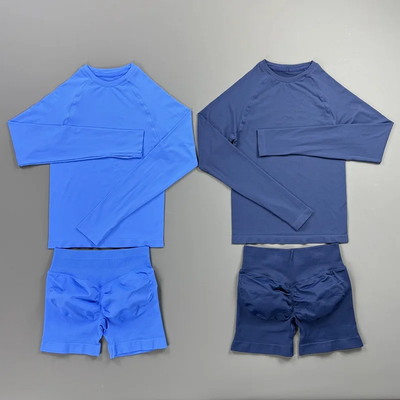 Ensemble de yoga pour femmes en 2 pièces, haut de sport respirant à manches longues sans couture, short de fitness super extensible, coupe ajustée, vêtements de sport pour la course à pied et la salle de sport