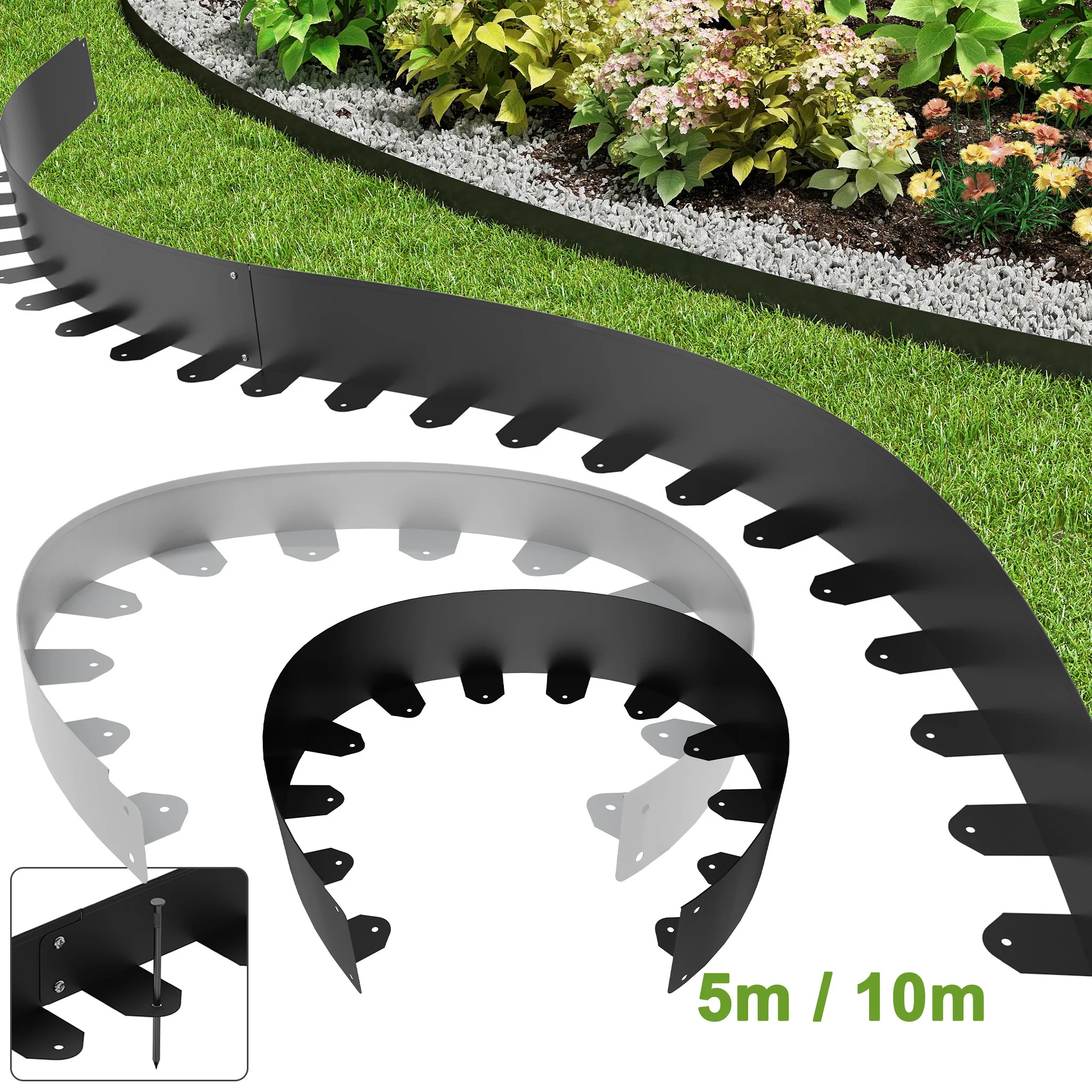 Bordure de jardin 5/10m, bordure de pelouse en acier galvanisé, bordure de jardin flexible, bordure de pelouse en métal, résistante aux intempéries pour jardin, pelouse et allées, hauteur 10cm, argent/noir