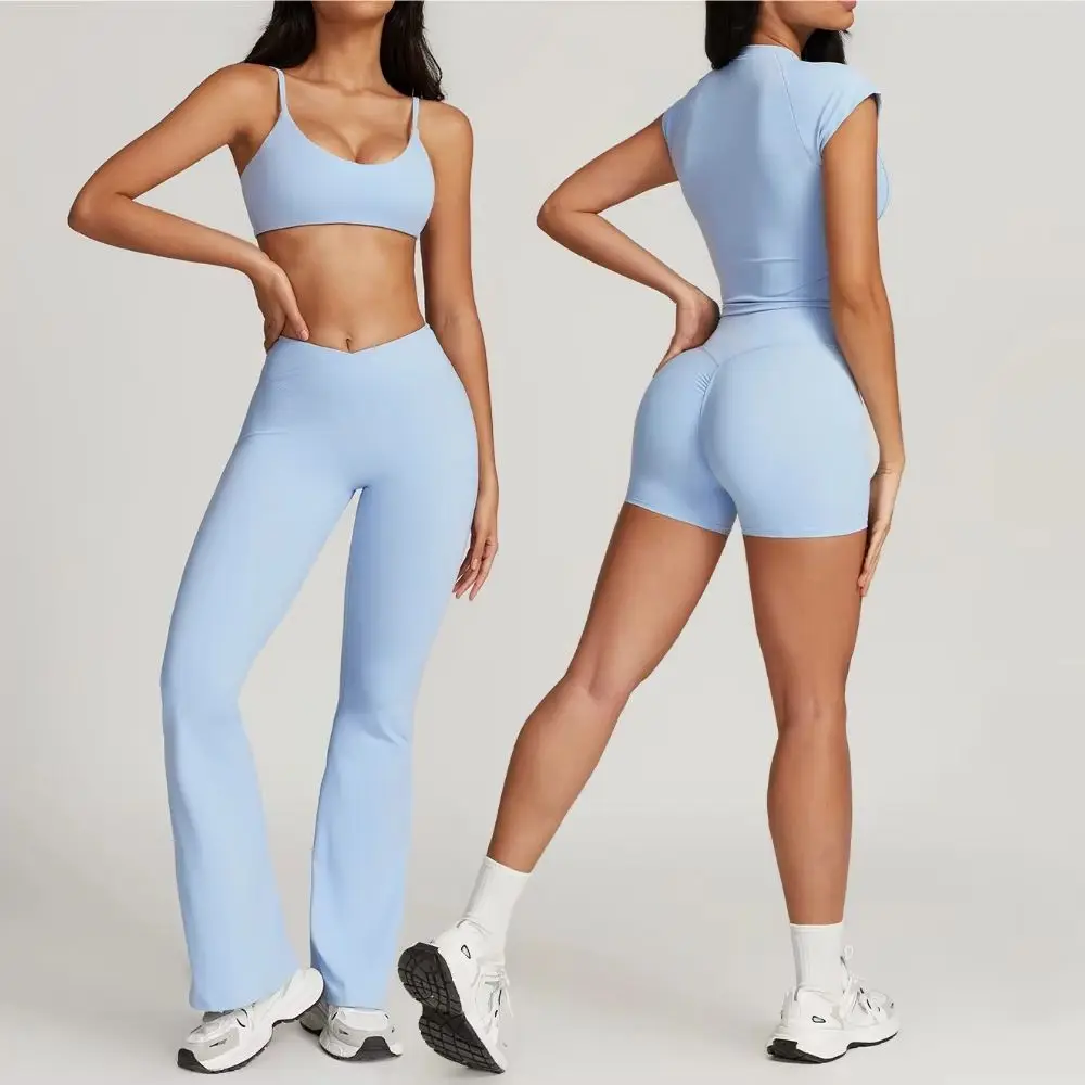 Ensemble de vêtements de sport pour femmes, ensemble de yoga 2 pièces, tenue de sport, vêtements de sport pour la salle de sport, haut court à manches courtes, leggings évasés taille haute, survêtement de fitness