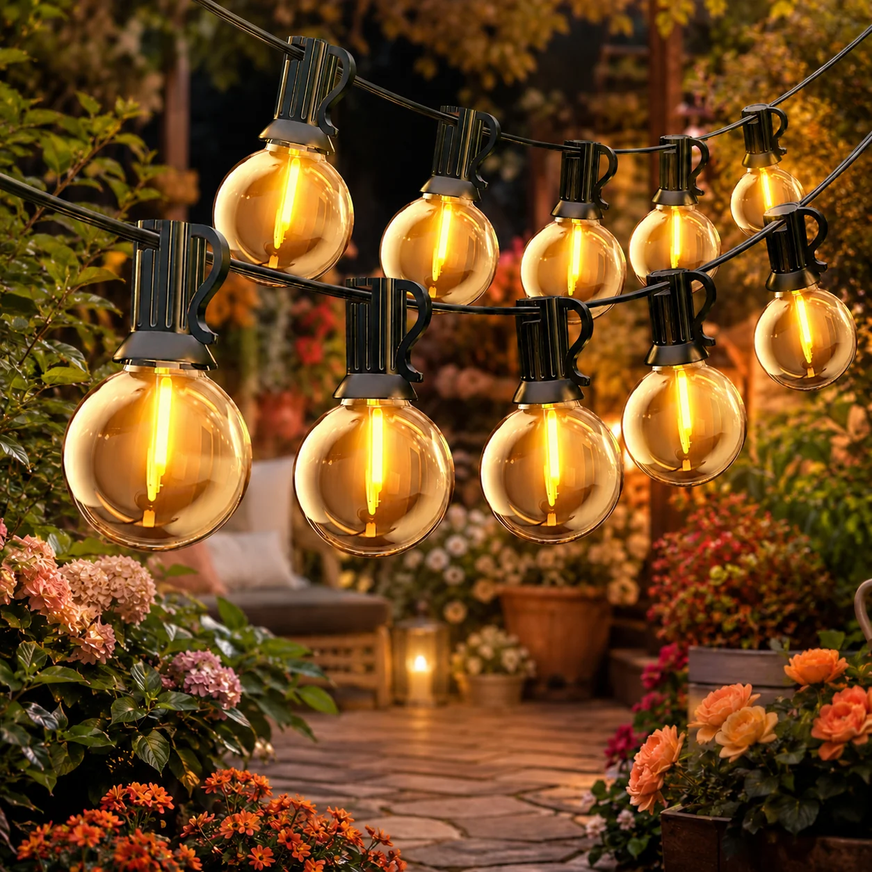 Aiopp Vintage G40 Globe LED Außen-Lichterkette mit 24V EU-Stecker, 8 Beleuchtungsmodi, wasserdichte warme Lichterkette für Terrasse, Garten, Party, Feiertagsdekoration