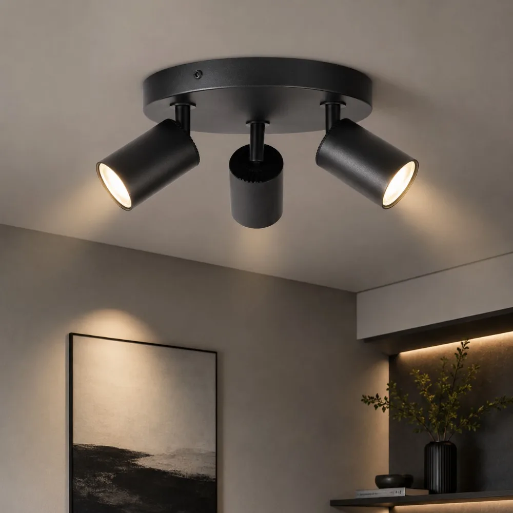 Industrieller 3-Licht-Deckenstrahler Schwarz, Moderne Schwenkbare GU10 Deckenstrahler, Verstellbare Runde Deckenleuchte für Wohnzimmer, Schlafzimmer, Küche, Flur, Innenbeleuchtung