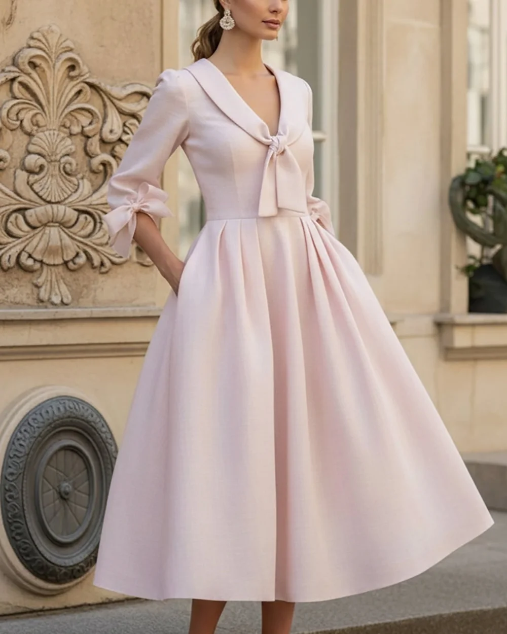 Customized Retro Classic Jersey Bow Ruched A-line V-neck Tea Length Dresses Evening Dresses Modern Style Women Classic Prom Gown