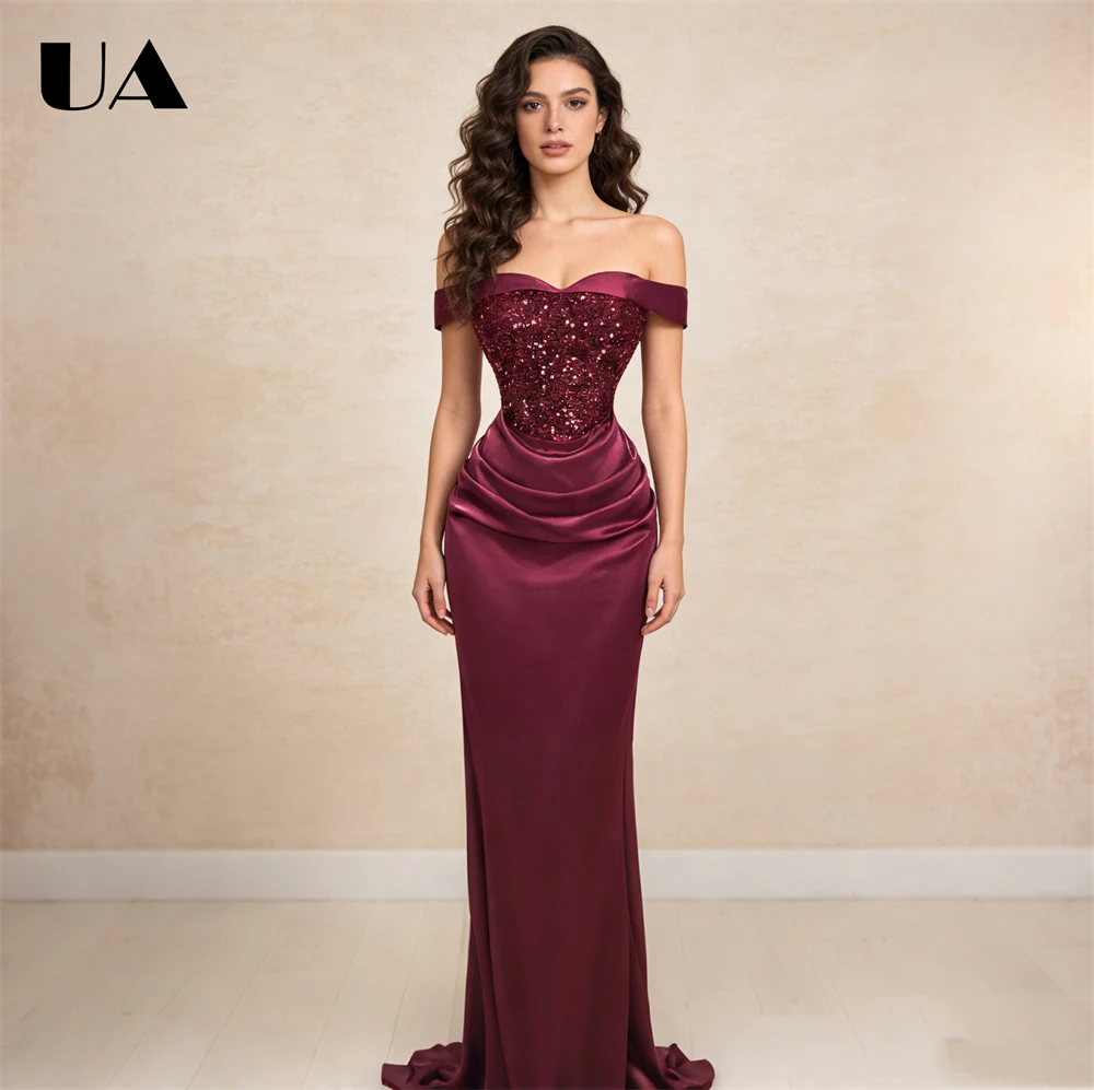 Ladies Satin Mermaid Evening Gown Off-the-Shoulder Sequin Bodice Formal Prom Wedding Guest Ball Gown Chic Elegant Party