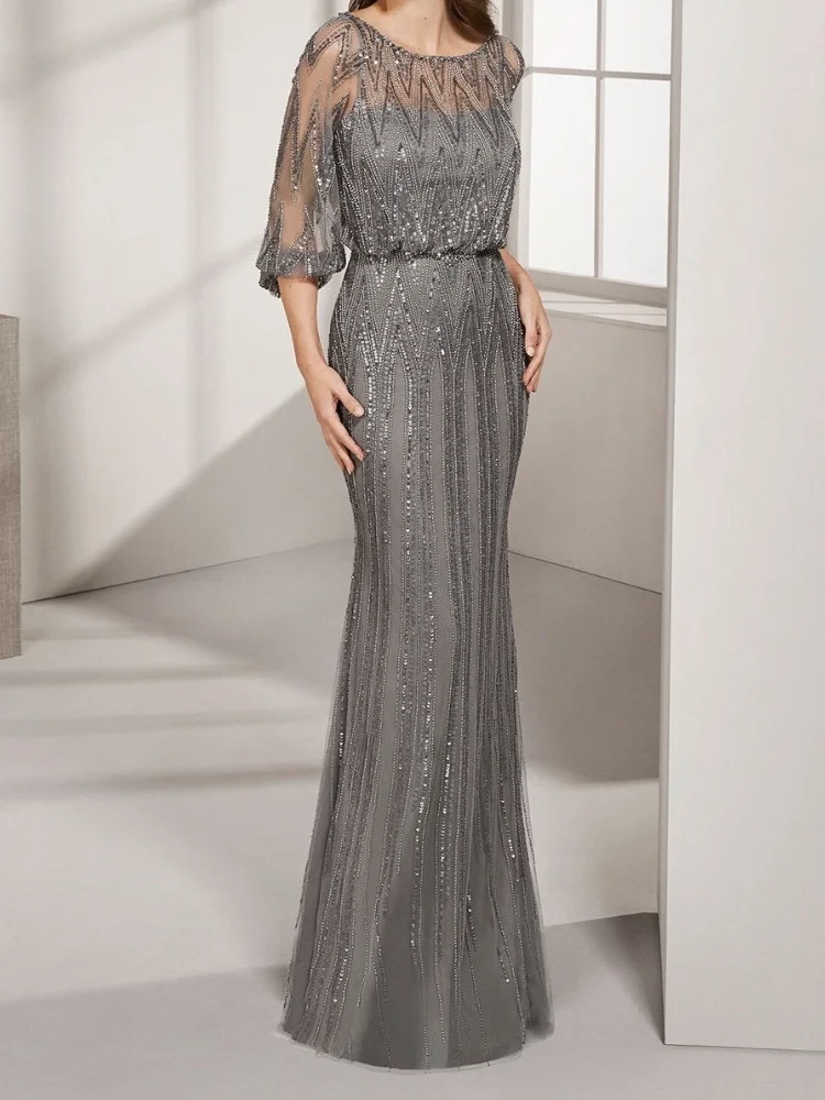 Customized Grey Mermaid Half Sleeves Beaded Luxury Dubai Evening Dresses Gowns For Women Party 2024