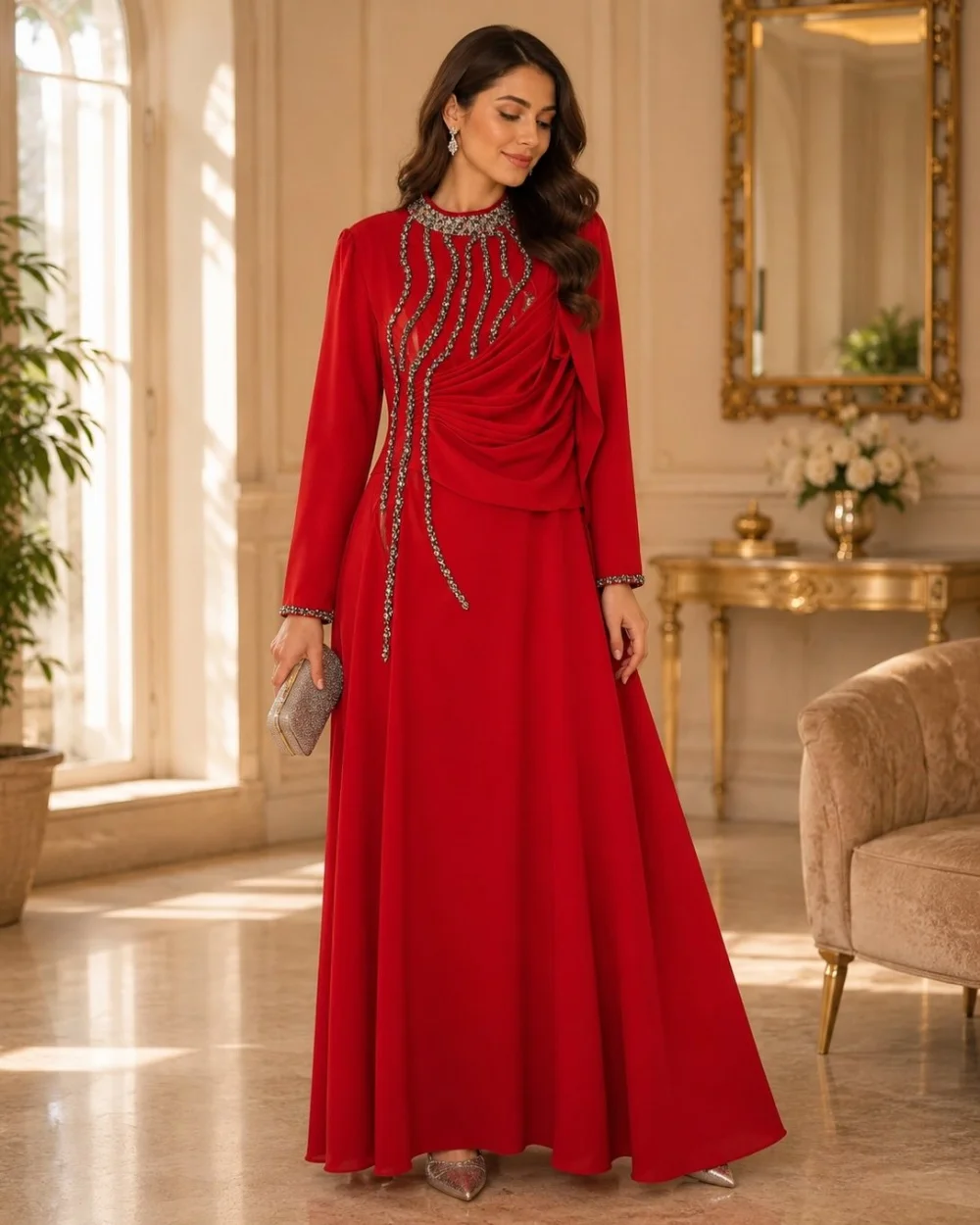 Customized Modern Style Women Jersey Rhinestone Beading A-Line Evening Dress Classic O-Neck Long Sleeves Floor Lenght Party Gown