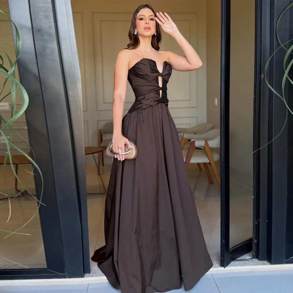 Customized Twist Bow Tie Wedding Guest Maxi Dress Strapless Cutout Neckline Formal Party Attire A Line Brown Prom Dresses