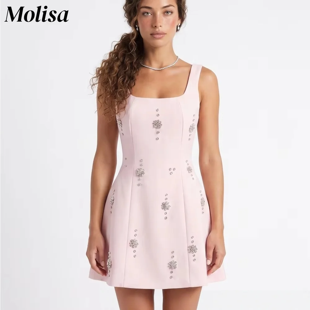 Molisa Simple Evening Dresses Open Back Sheath Square Collar Bows Elegant Party Dresses Mini Beading شارون سعيد Customized