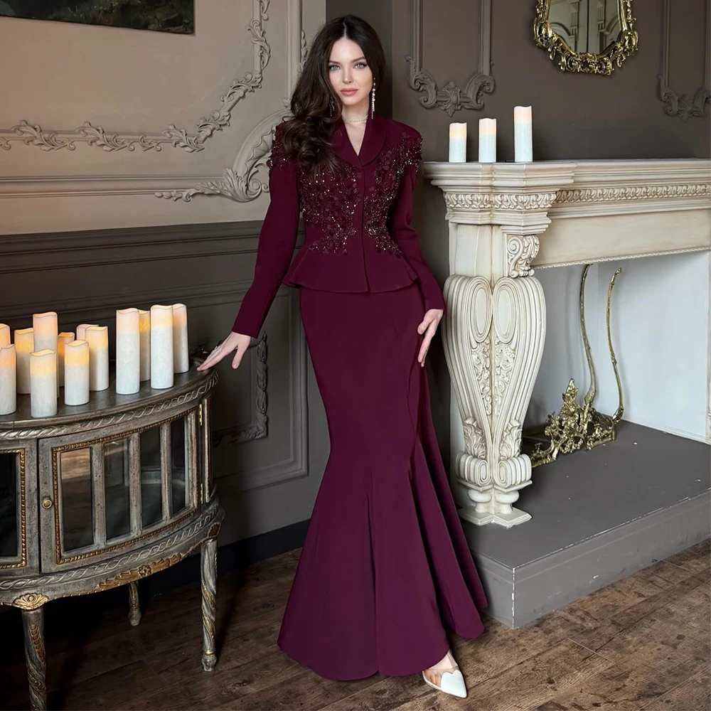 Customize Purple Evening Dress Luxury Flowers Beaded Applique Trumpet Evening Gowns Maxi Long Sleeves Mermaid Wedding Guest Gown