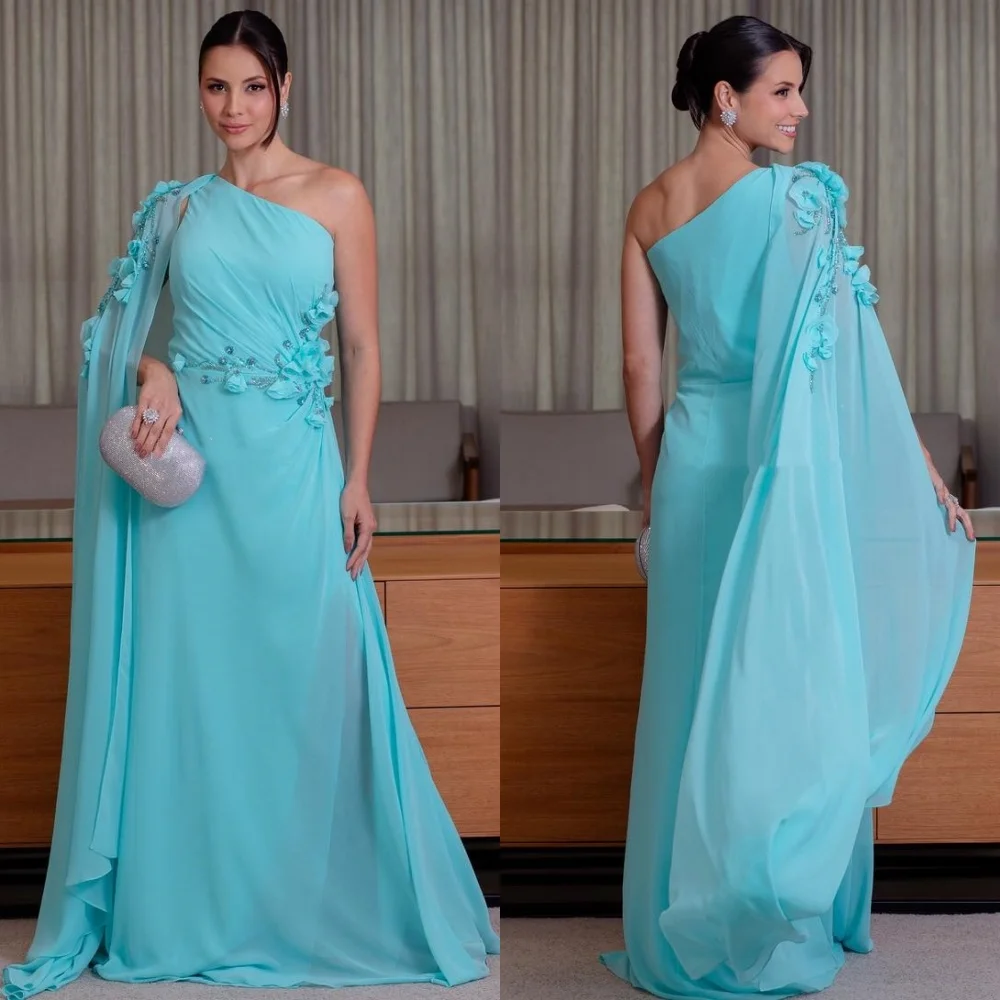 Customized Matching Chiffon Pleat Sequined Flower A-line One-shoulder Long Dresses Bespoke Occasion Homecoming Simple