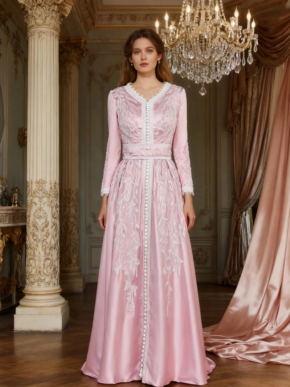 Pink Moroccan Kaftan Caftan Muslim Evening Dresses A-line Long Sleeves AppliquesDubai Arabic Abaya Islamic Gown Customized