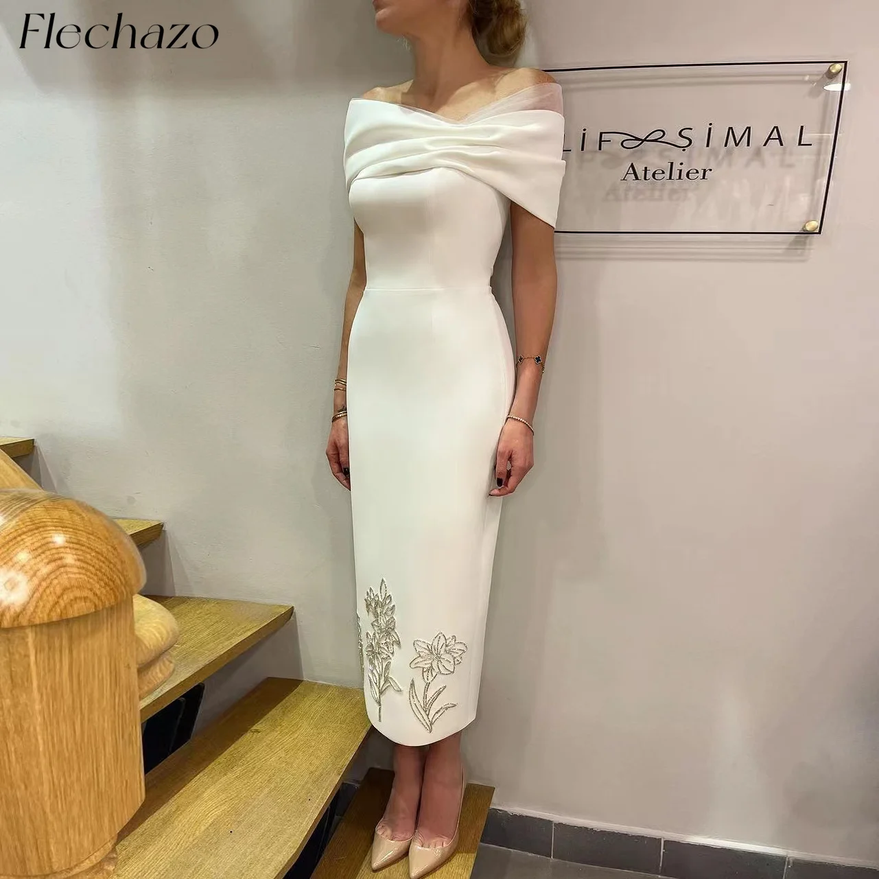 Flechazo White Evening Dresses Off Shoulder Hand Sewn Beads Ankle-Length Celebrity Party Dress For Women 2024 robes de soirée