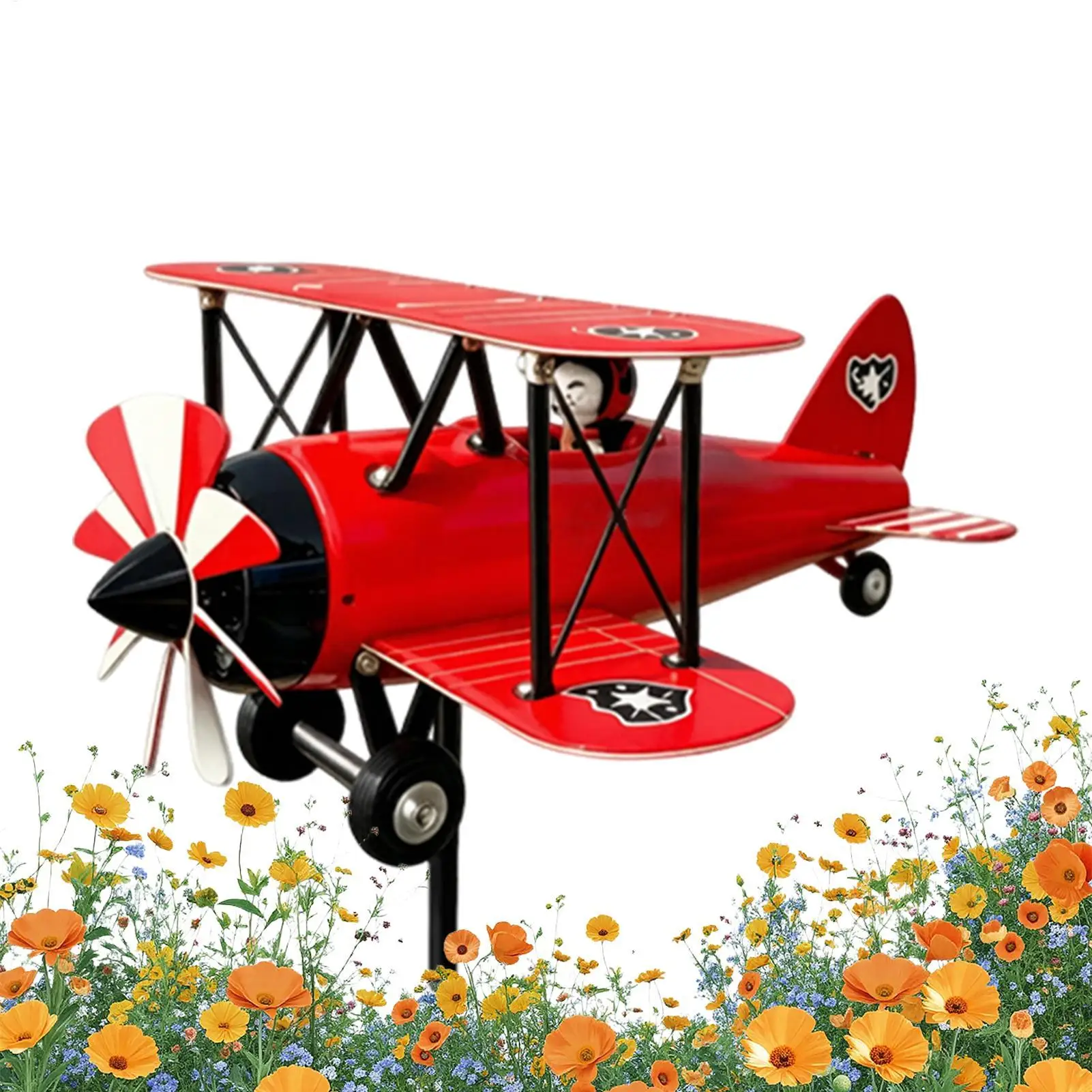 Aeroplane Weathervane Deco Outdoor Metal Airplane Wind Vane Biplane Garden Wind Spinner Garden Windmill With Rotating Blades
