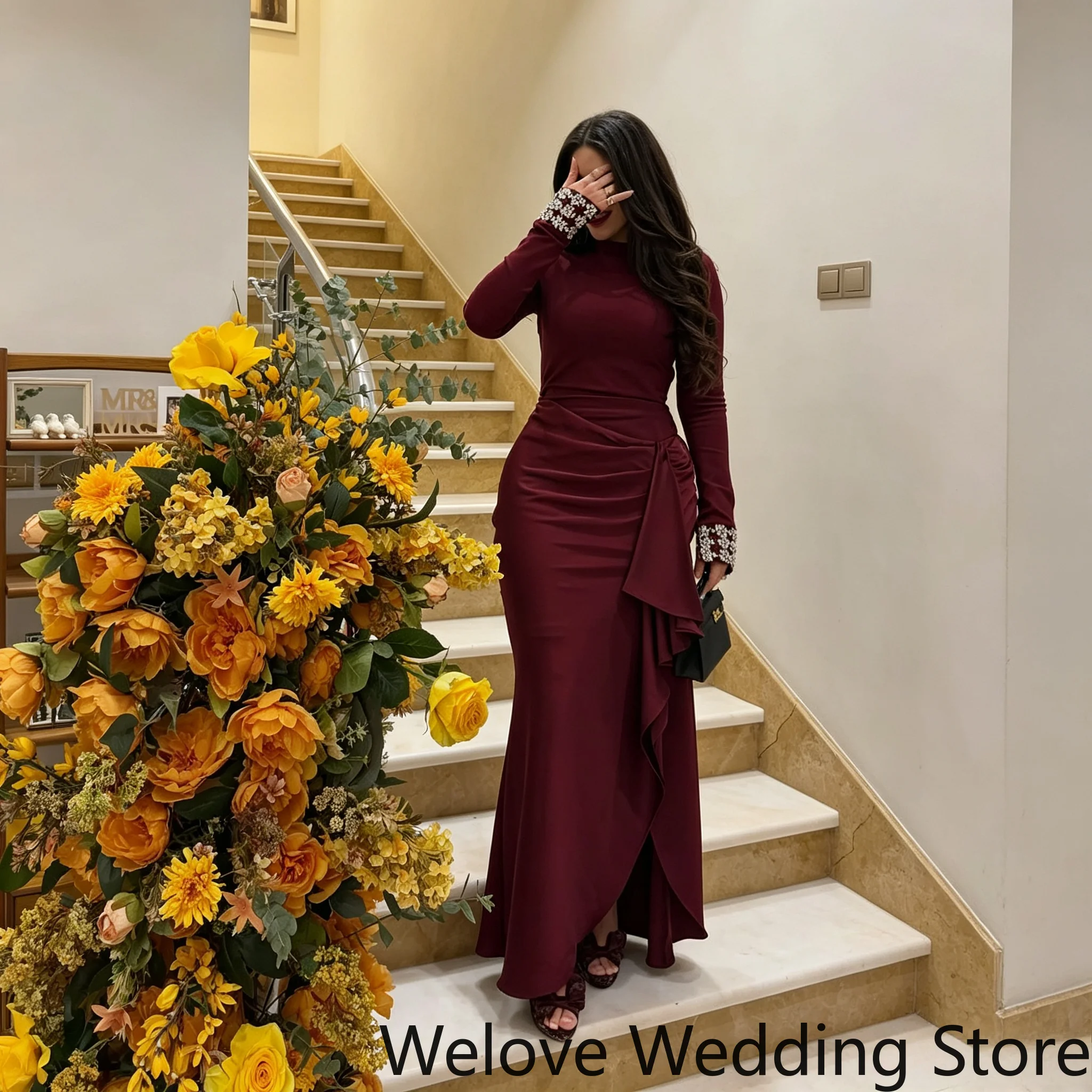 Burgundy Muslim Formal Evening Dress High Neckline Long Fitted Sleeves With Crystal Rhinestone Beaded Cuffs Ruched Draped Waist