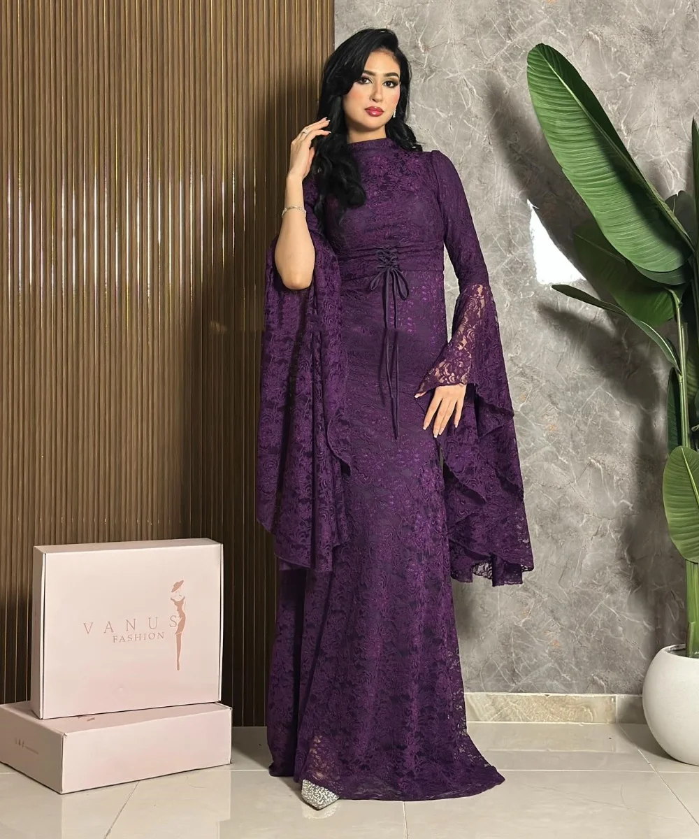 Customized Exquisite Lace Pleat Trumpet High Collar Long Bespoke Occasion Evening Dresses Sizes Available Matching