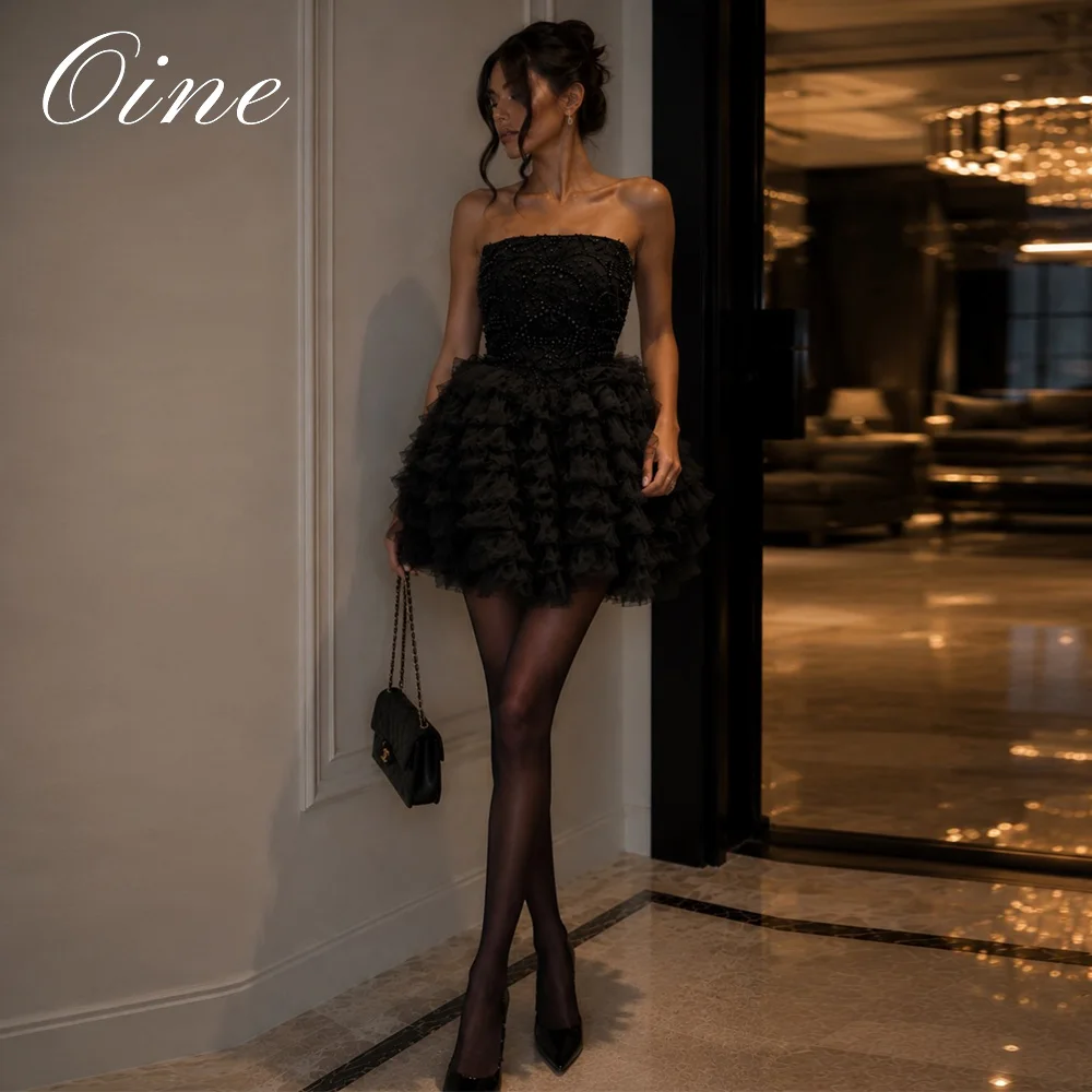 Oine 2026 Black Mini Cocktail Dresses Exquisite Beading Strapless Sleeveless Pleats A-line Birthday Party Dress Customized