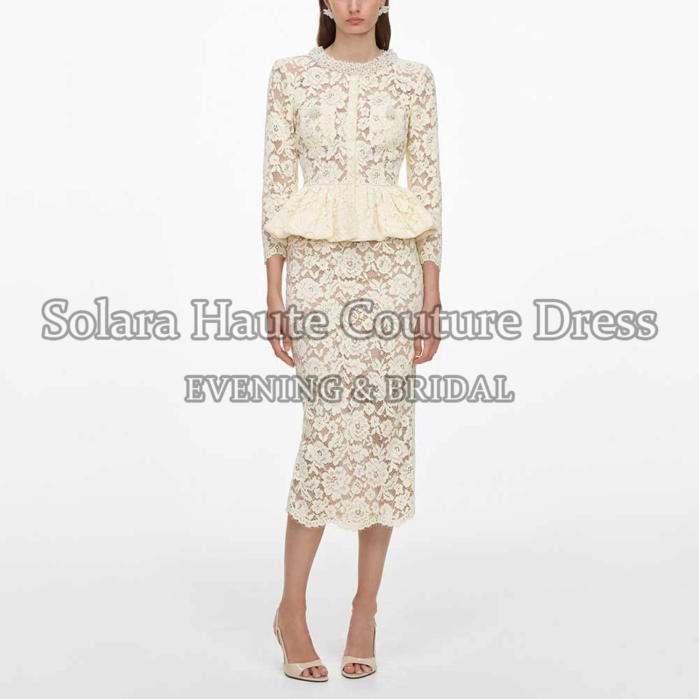 Solara Elegant Cream 3/4 Sleeves Lace Evening Dress Women's Formal Peplum Midi Gown For Prom Wedding Guest Bridal Party Custom