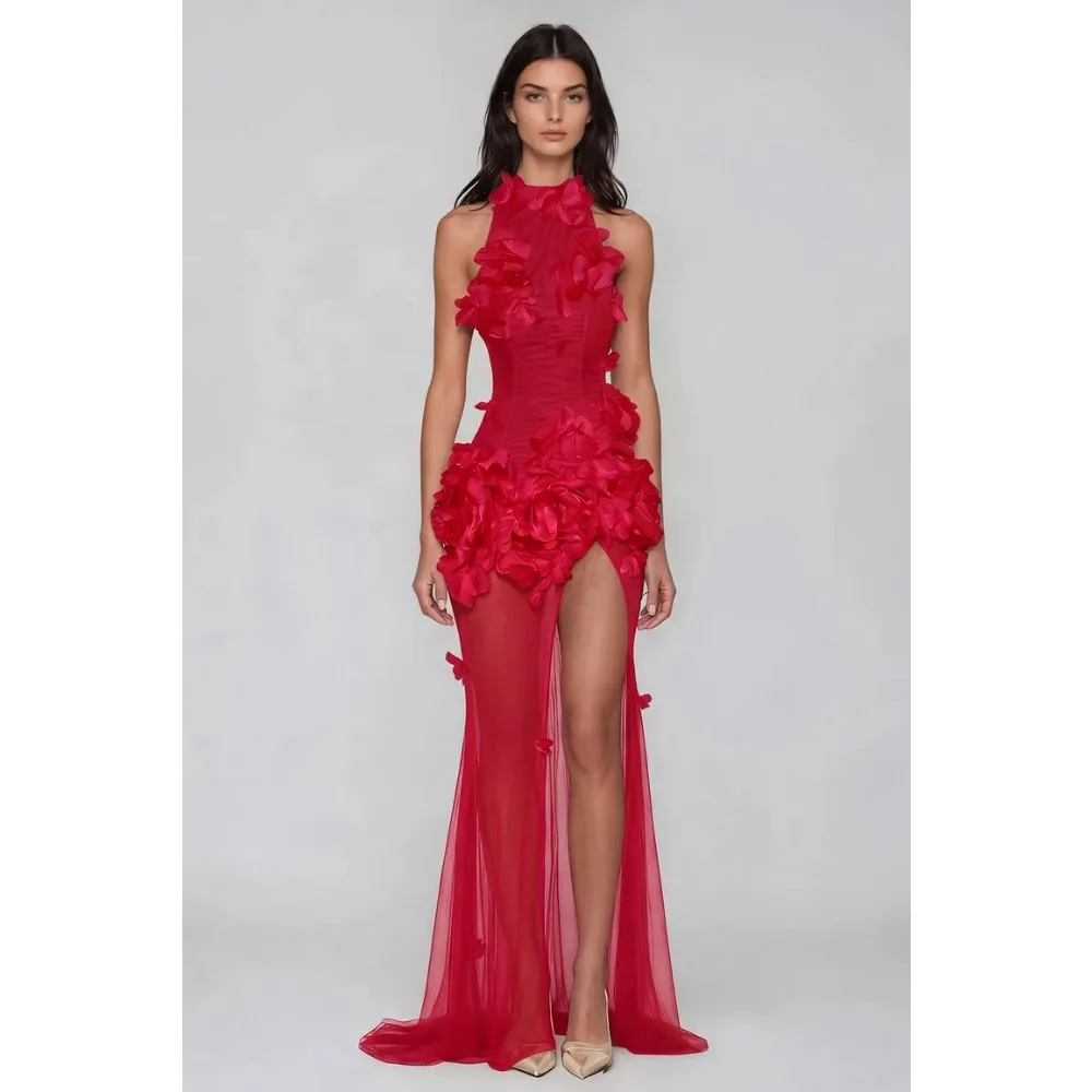 Customized 3D Florals Evening Dresses with High Slit Halter Luxury Party Dress Red Maxi Prom Gowns for Women 2026 Bespoke