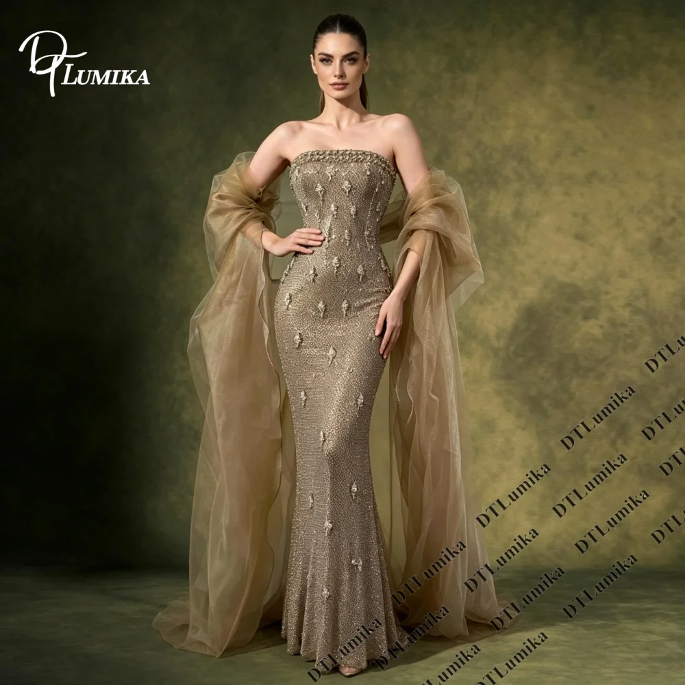Strapless Sweetheart Mermaid Prom Dress Custom Rhinestone Beaded High Slit Long Train Formal Evening Gown Women Pageant Dress