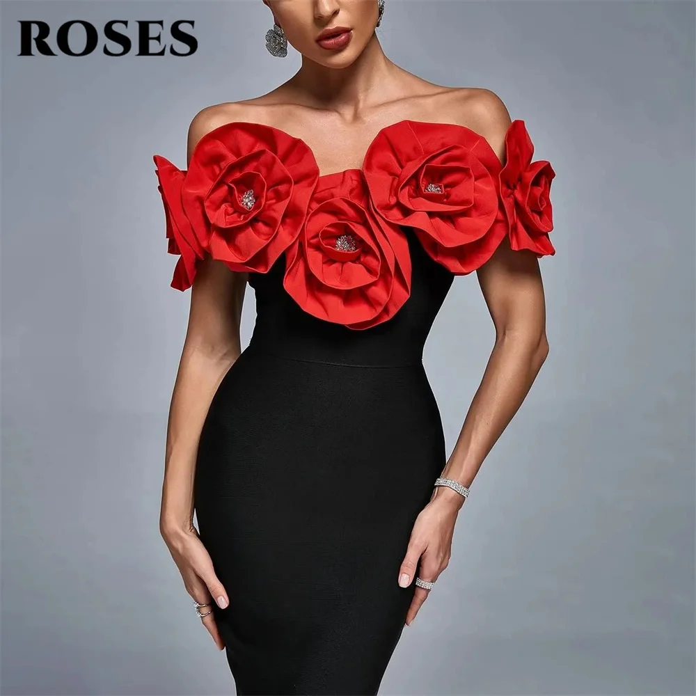 ROSES Black and Red Party Dress Off the Shoulder Evening Dress with 3D Floral فساتين السهرة Gala Dress Customized