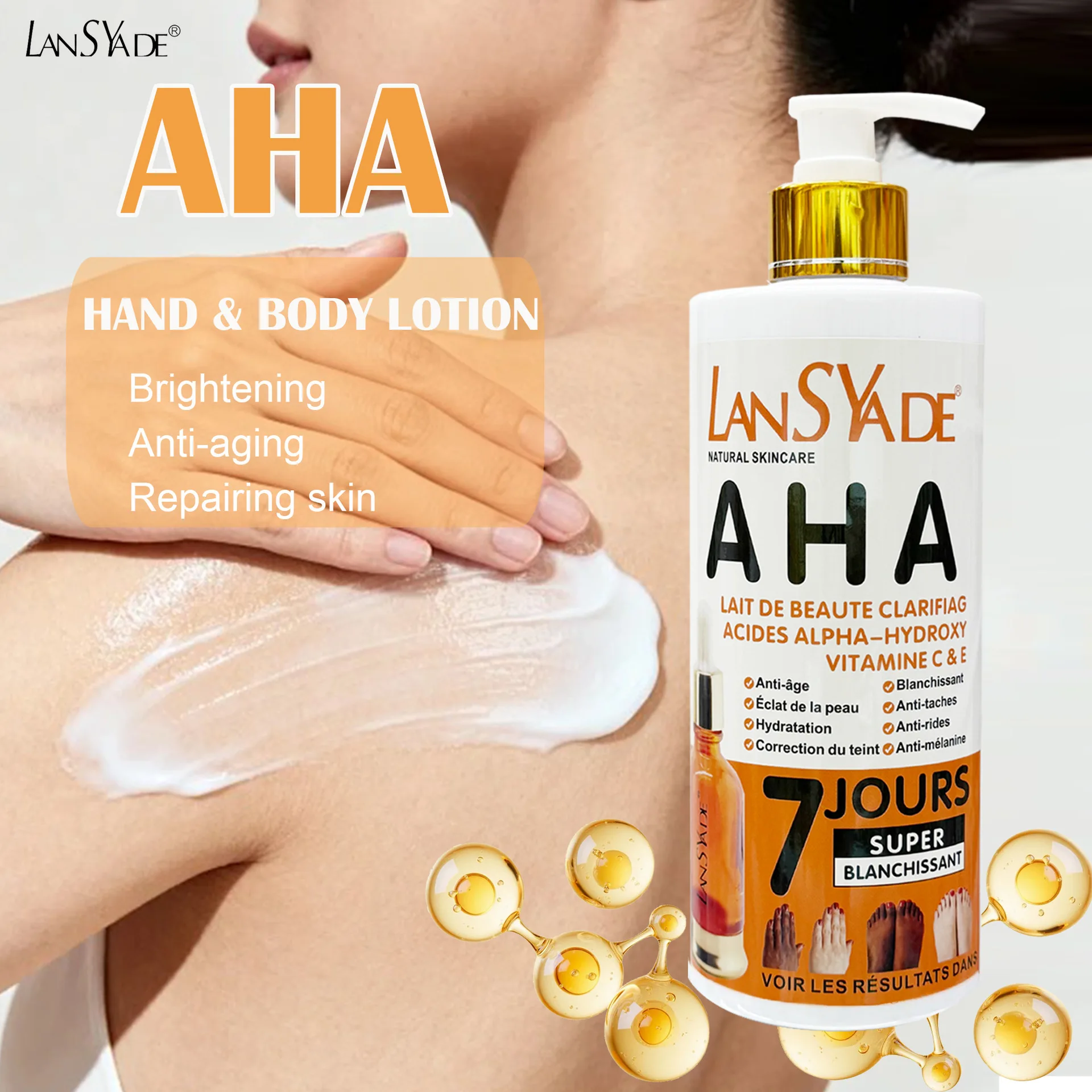 Lotion pour les mains et le corps AHA 500 ml, crème hydratante éclaircissante pour le corps, améliore les taches brunes, lisse la peau, soin du corps