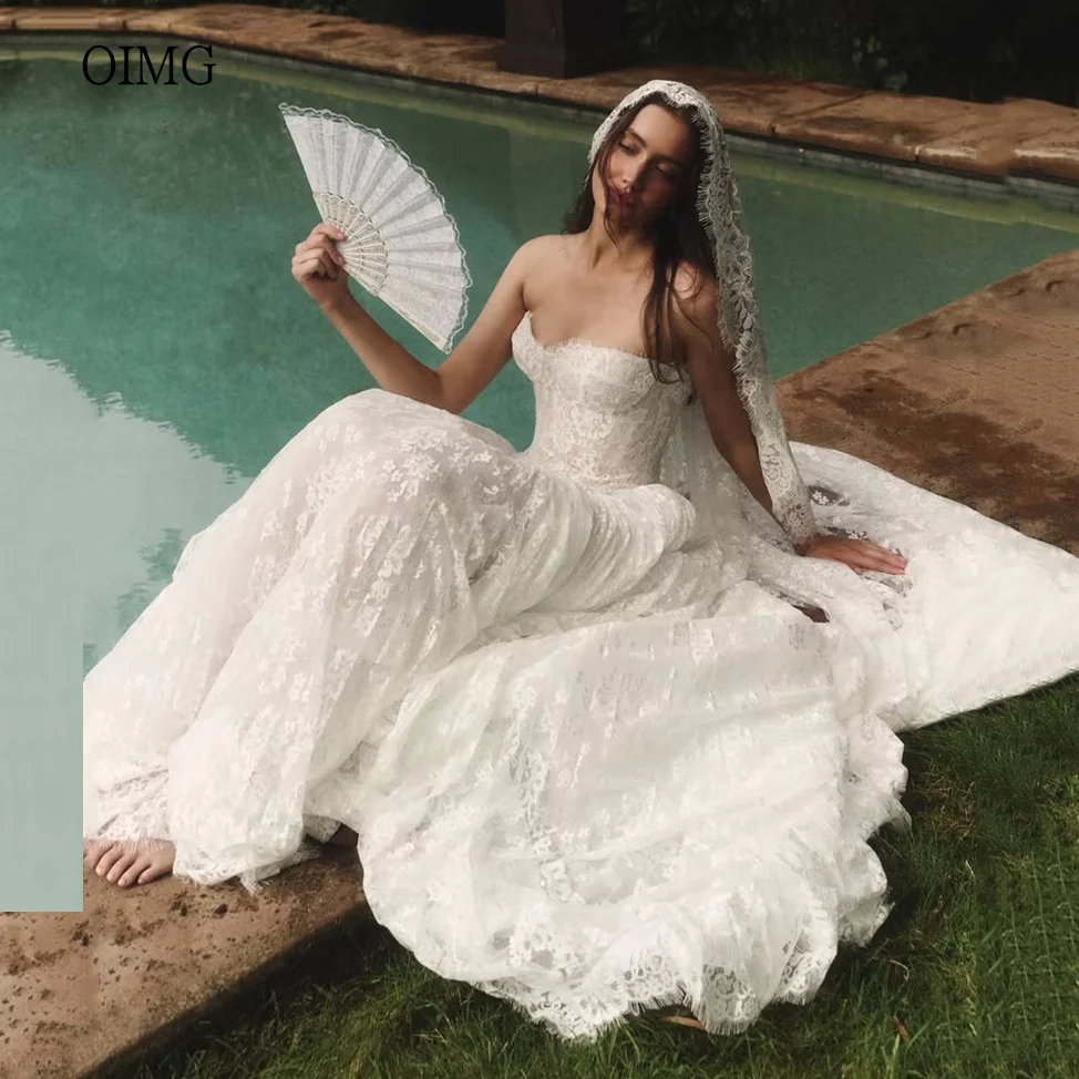OIMG Elegant Lace Sweetheart Neck A Line Wedding Dress Church Bride Dresses Floor Length Wedding Gown vestido novia Customized