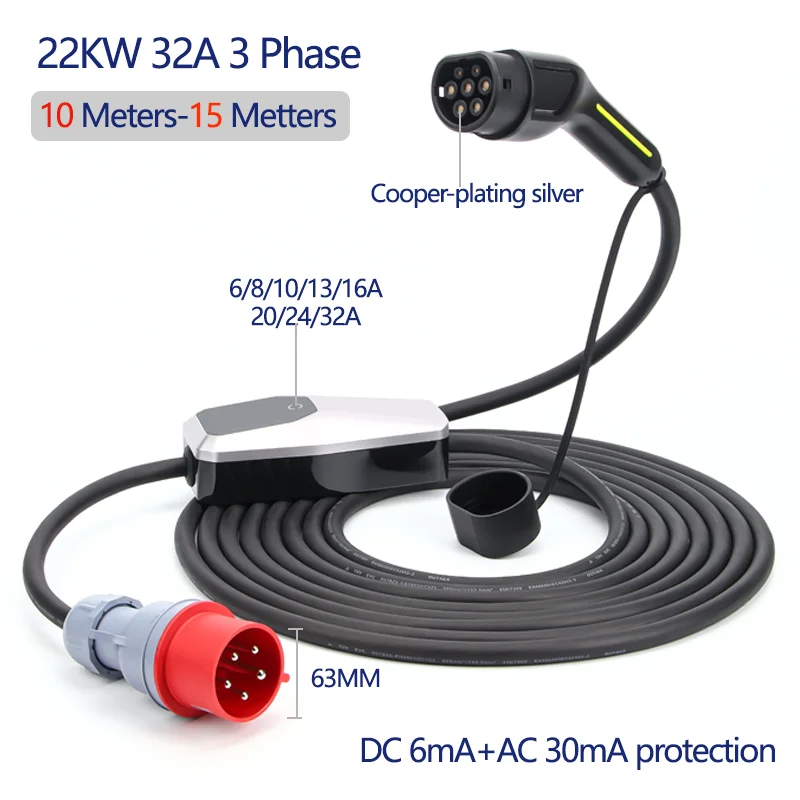 22KW 32A 3-Phasen Typ 2 Tragbares EV-Ladegerät 10 Meter 15 Meter EVSE-Ladebox Ladestation für Elektroauto-Ladegerät