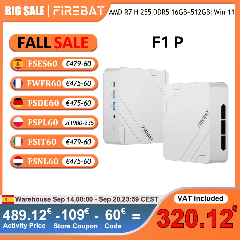 Firebat F1 P Mini-PC AMD Ryzen 7 H 255 16GB DDR5 5600MHz 512GB SSD Win11 Pro Wi-Fi 6 BT5.2 USB4.0 Mini-Desktop-Computer für Gaming, Arbeit und Zuhause